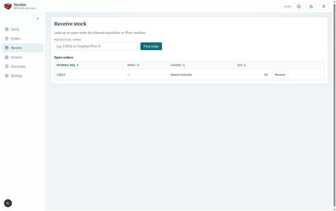 Receive lookup screen