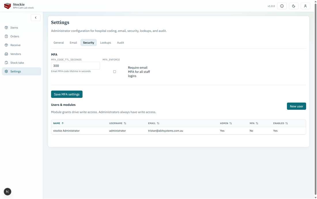 Settings Security tab