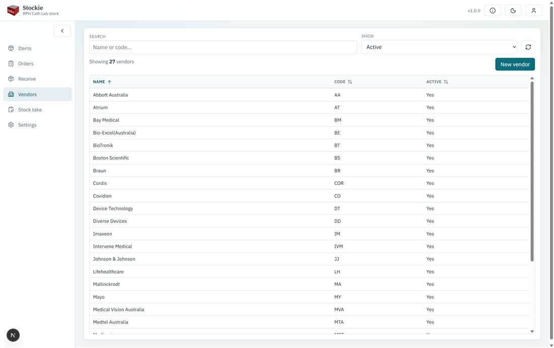 Vendors list